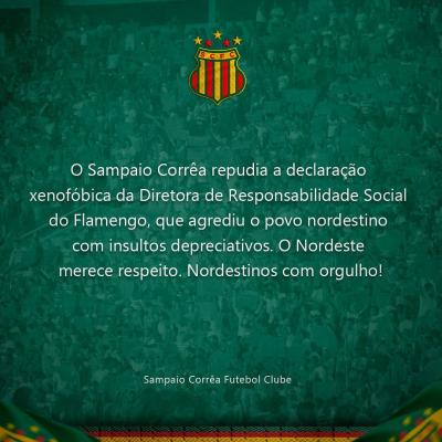Sampaio Corrêa repudia post de diretora do Flamengo