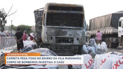 Carreta com soja pega fogo na BR-135, em São Luís