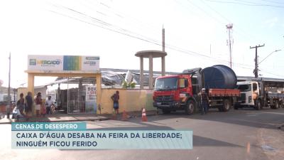 Caixa d'água cai e assusta frequentadores da feira da Cidade Operária, em São Luís